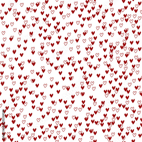 Abstract vector seamless pattern with chaotic hearts. Classical neutral backdrop. Hand drawn randomly scattered red hearts on white background. Repeating backdrop for teens, girls, textile, clothes, 