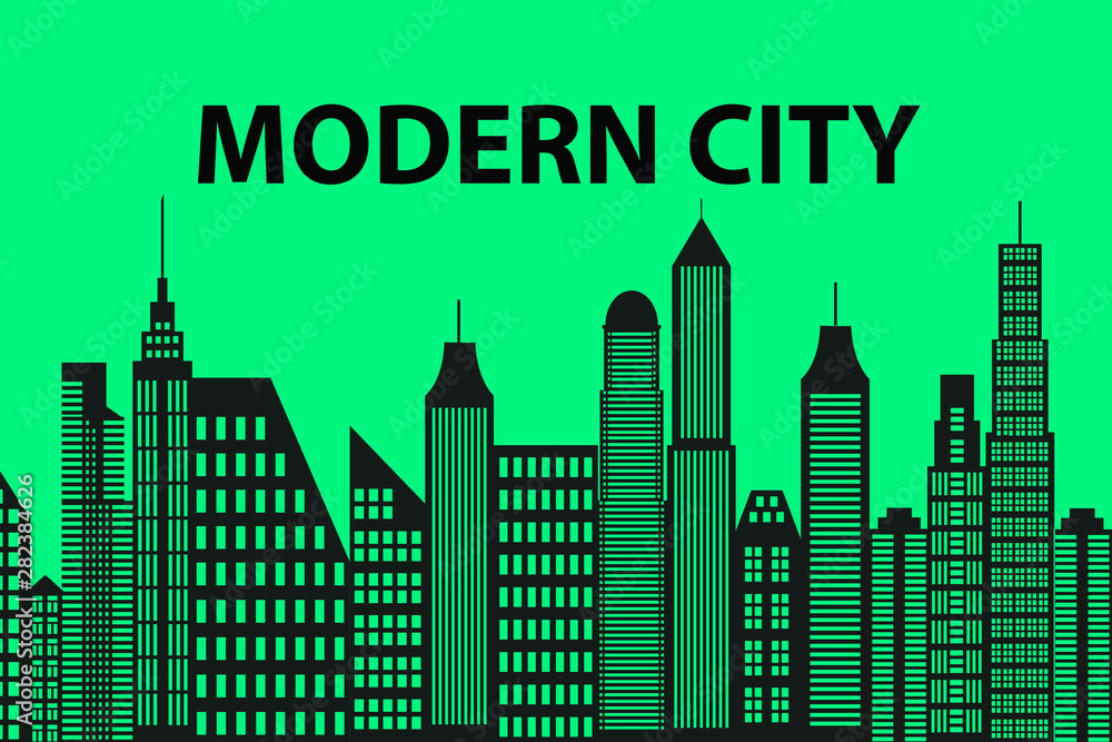 Modern City Skyline. Different buildings, skyscrapers, office center silhouette. Vector flat cartoon panorama. Architecture urban landscape