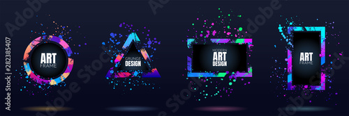 Vector frame for text. Modern Art graphics. Dynamic frame stylish geometric black background. Element for design business cards, invitations, gift cards, flyers and brochures. Distruction color paint
