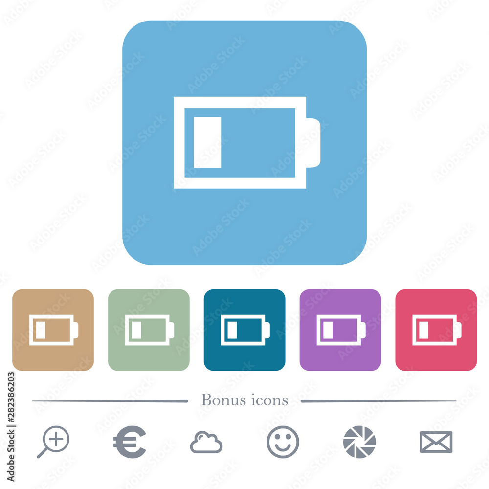 Low battery with one load unit flat icons on color rounded square backgrounds Low battery with one load unit flat icons on color rounded square backgrounds