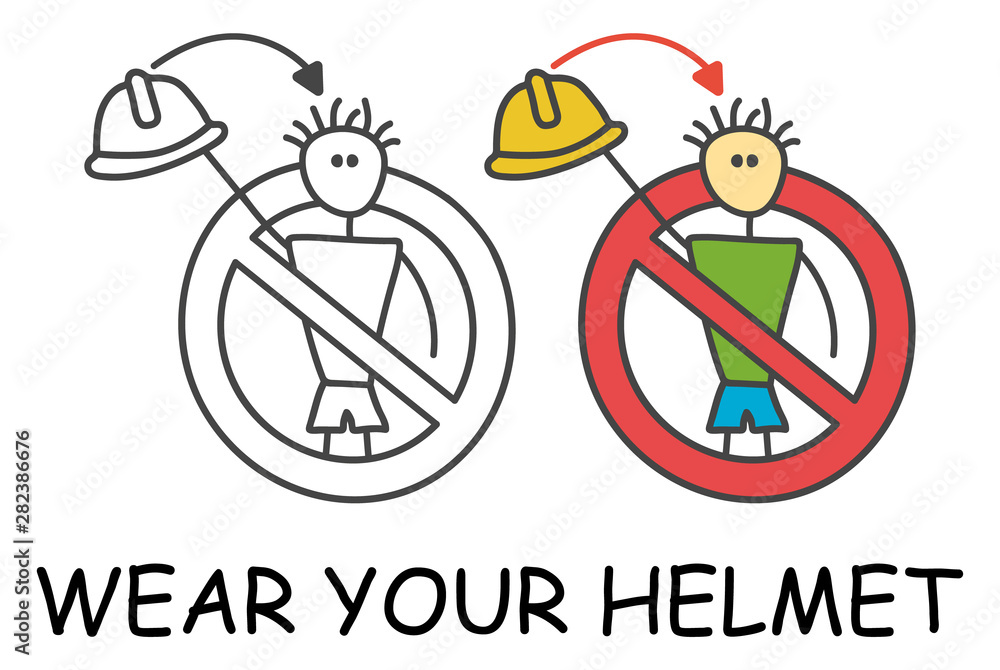 Funny vector worker stick man without hard hat in children's style. Don't take off your helmet sign red prohibition. Stop symbol. Prohibition icon sticker for area places. Isolated Funny vector worker stick man without hard hat in children's style. Don't take off your helmet sign red prohibition. Stop symbol. Prohibition icon sticker for area places. Isolated