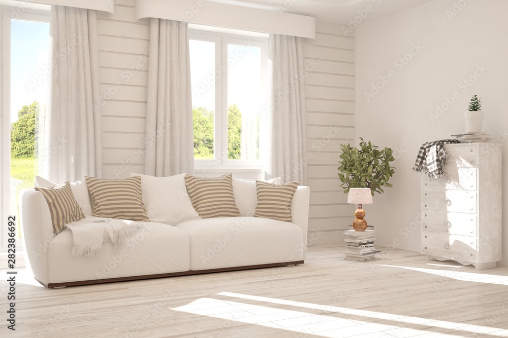 Stylish room in white color with sofa. Scandinavian interior design. 3D illustration Stylish room in white color with sofa. Scandinavian interior design. 3D illustration