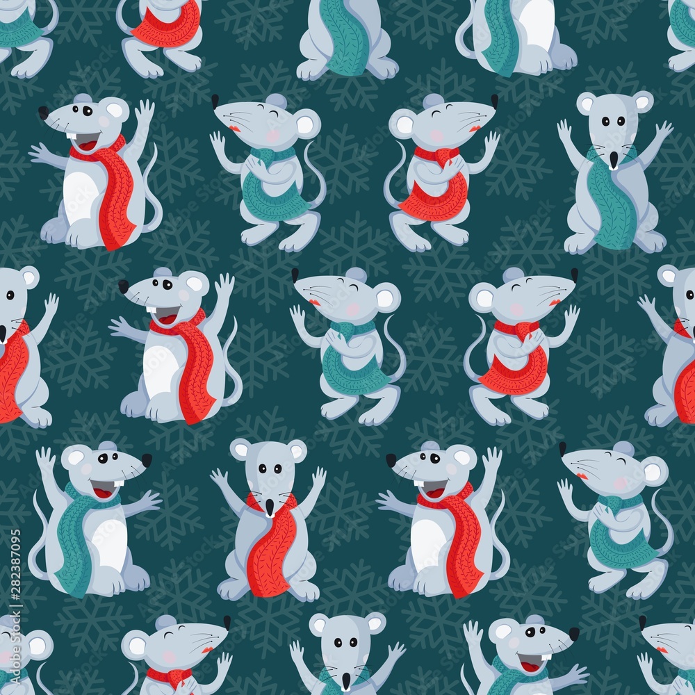 Christmas or New year seamless pattern with cute mices. 2020 Winter background