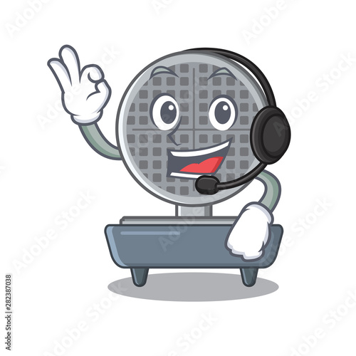 With headphone waffle iron above the table mascot