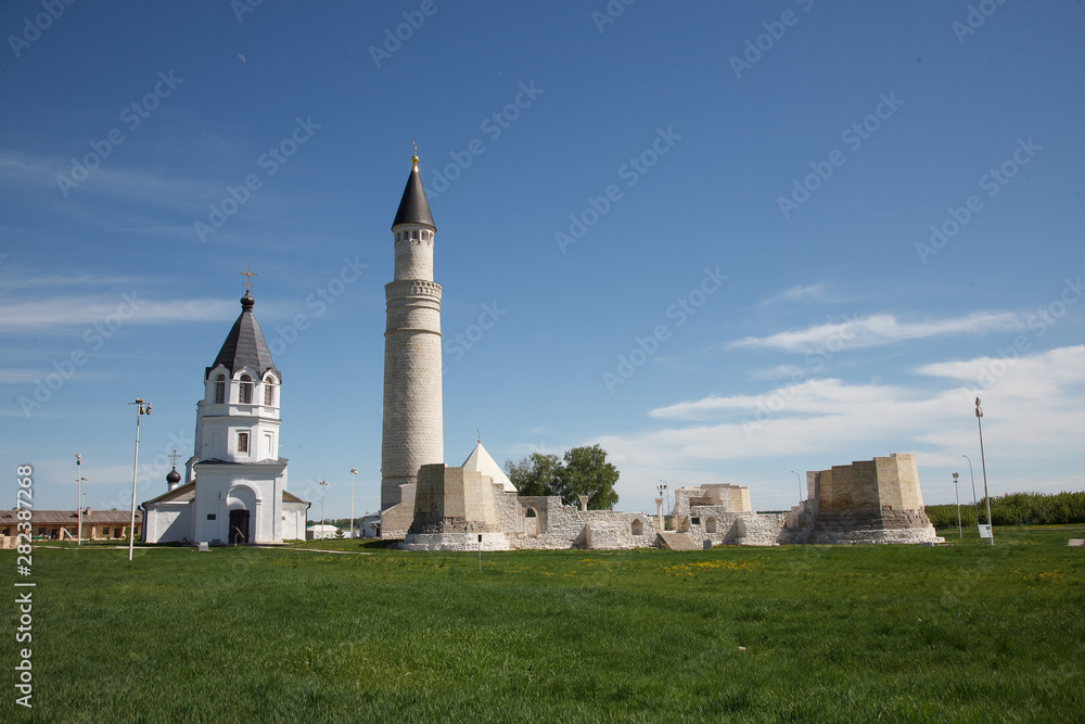 Bulgar historical and archaeological monument near Kazan. Large Minaret complex of the ancient ruins in the city of Bolgar on the Volga river, Tatarstan, Russia