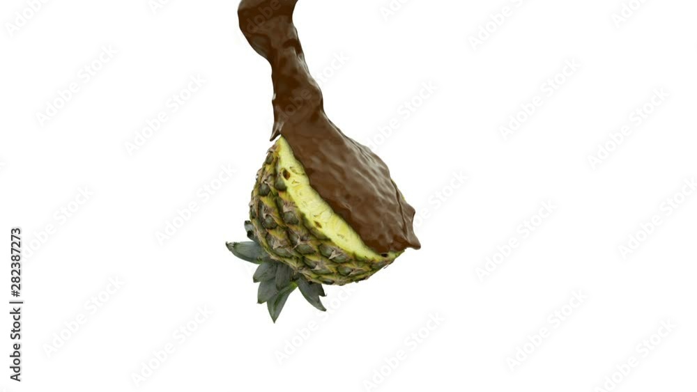 Close up of hot chocolate splash on half pineapple, against white Close up of hot chocolate splash on half pineapple, against white