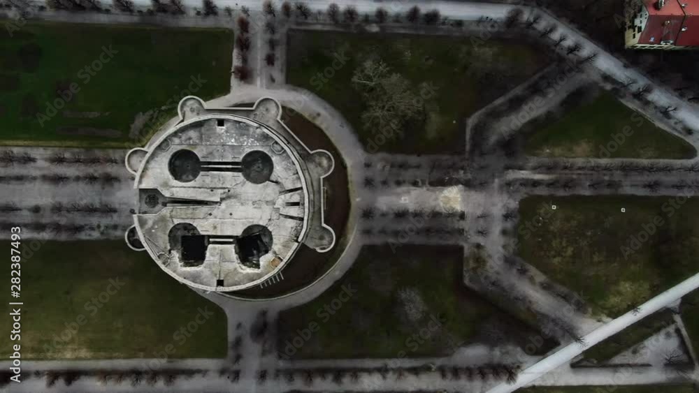 Aerial Bird's-Eye View: Panning Above Flak Tower in Park in Vienna, Austria Aerial Bird's-Eye View: Panning Above Flak Tower in Park in Vienna, Austria