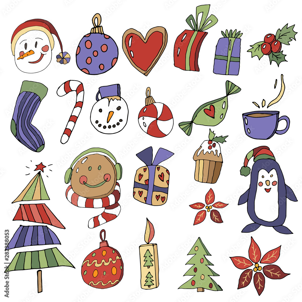 Christmas set with cartoon New Year characters. Collection of xmas elements for greeting card design in gentle, pastel colors.Winter holiday objects.snowman, Christmas tree toy, gifts, heart,