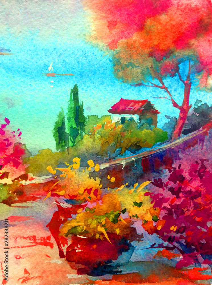 Fototapeta premium Watercolor colorful bright textured abstract background handmade . Mediterranean landscape . Painting of vegetation and architecture of the sea coast , made in the technique of watercolors from nature