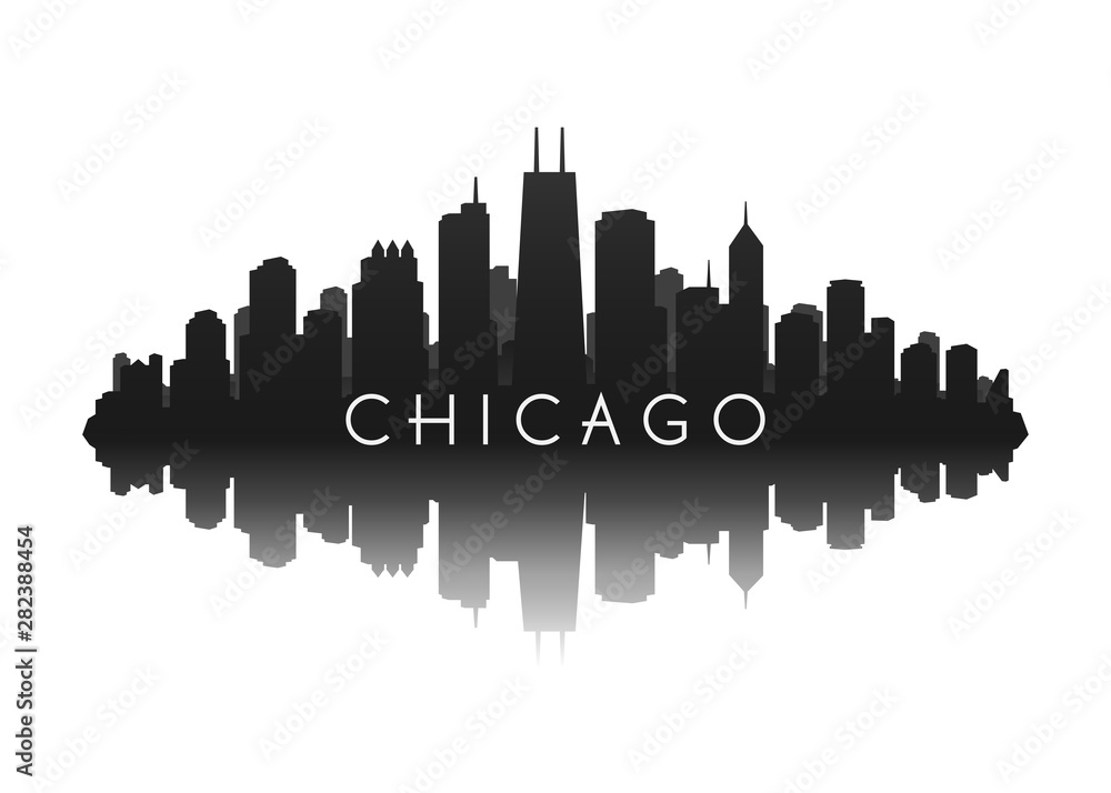 Naklejka premium panoramę chicago z sylwetka ilustracji miasta z odbiciem