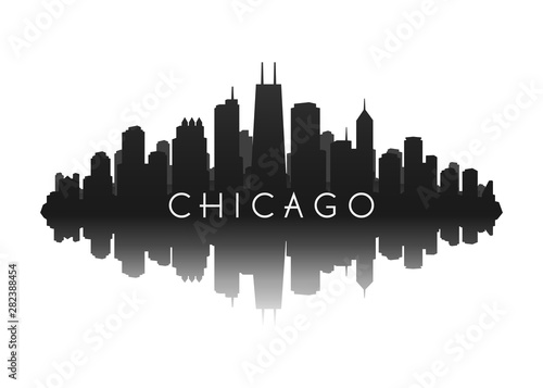 chicago skyline with city illustration silhouette with reflection