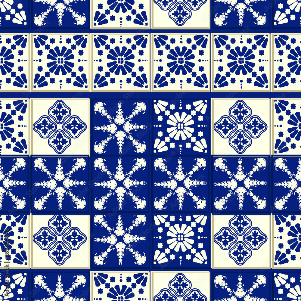 Fototapeta premium Vector tile pattern, Lisbon floral mosaic, Mediterranean seamless navy blue ornament