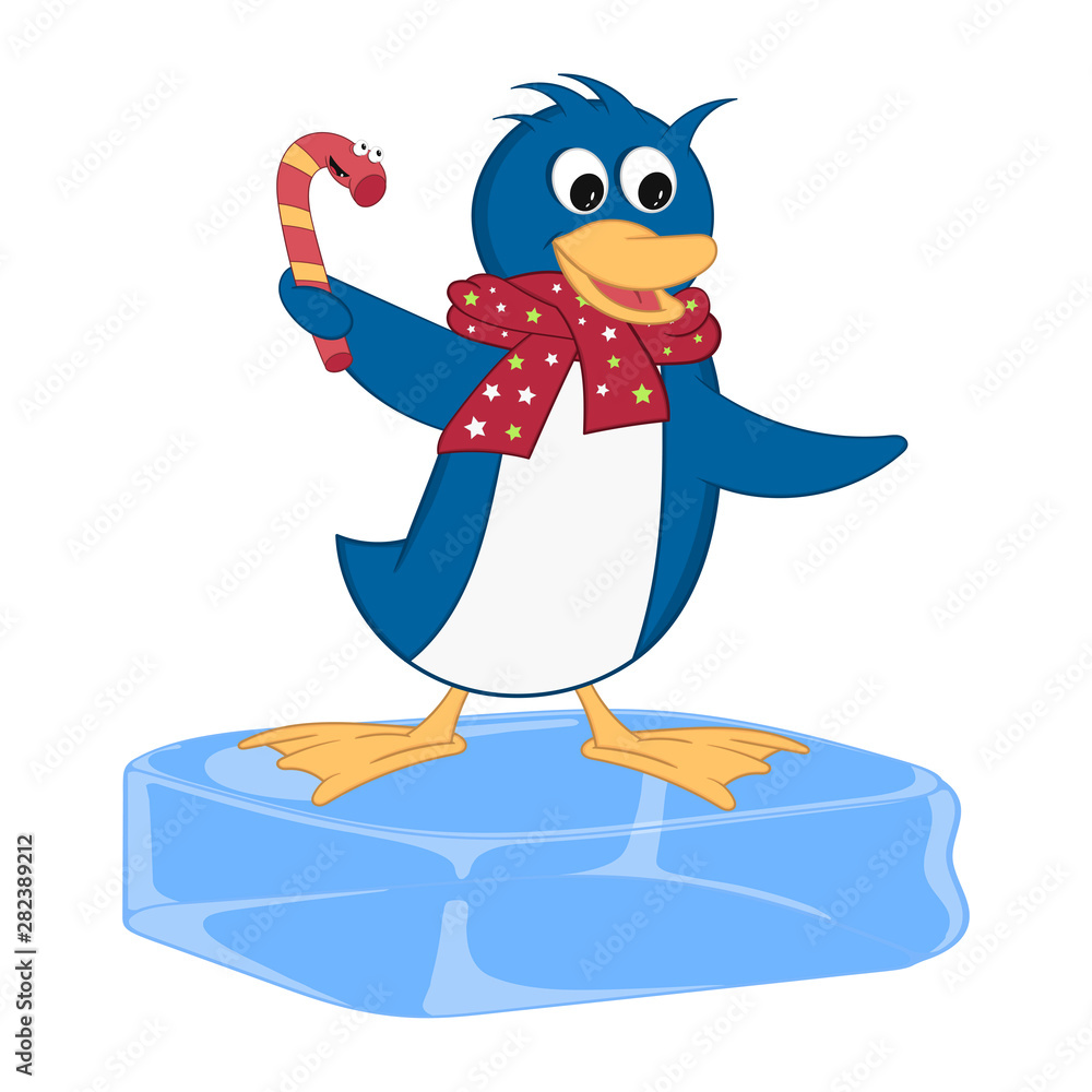 Naklejka premium Funny penguin in a scarf stands on an ice floe and holds a candy in his hand. Cheerful cartoon comic style with contour. Decorative illustration for your greeting cards, posters, patches and prints