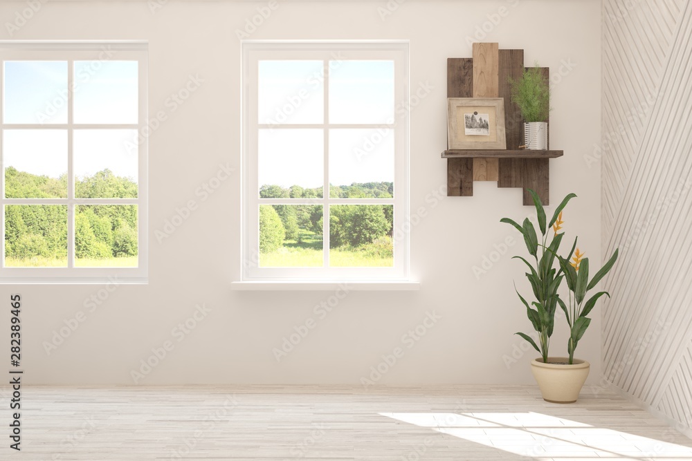 Fototapeta premium Stylish empty room in white color with summer landscape in window. Scandinavian interior design. 3D illustration