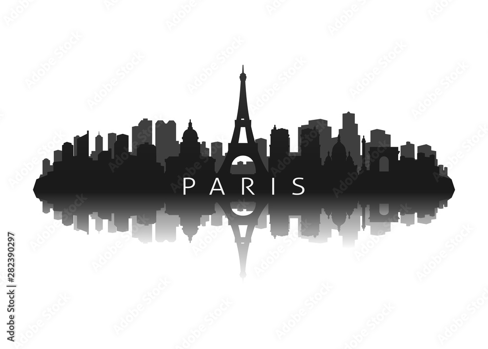 paris skyline with illustration silhouette with reflection