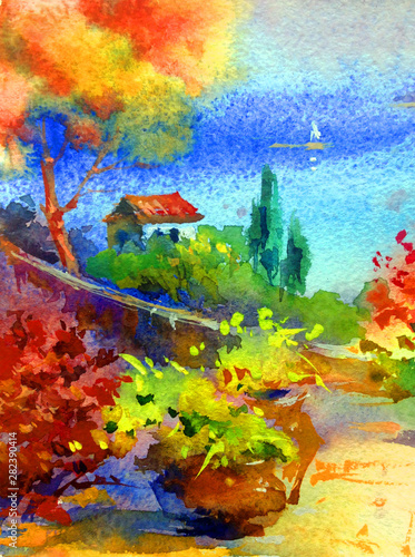 Watercolor colorful bright textured abstract background handmade . Mediterranean landscape . Painting of vegetation and architecture of the sea coast , made in the technique of watercolors from nature