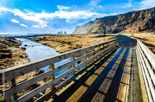 Wooden bridge on Vik beach in Iceland