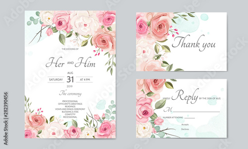 beautiful wedding invitation card  template with floral leaves © mariadeta