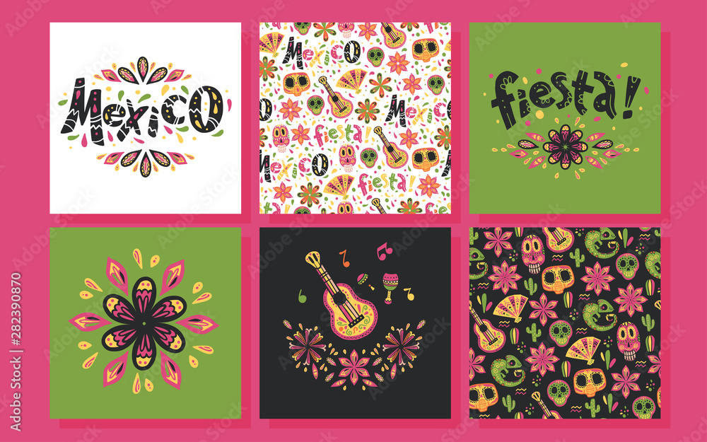 Vector collection of Mexico hand drawn style cards with traditional patterns, decor elements, fiesta lettering on different backgrounds. Good for party, advertising design. Skull, flower, guitar.