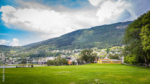Panoramic view of the city Voss, Hordaland in the heart of Fjord Norway between the famous fjords Sognefjord and Hardangerfjord