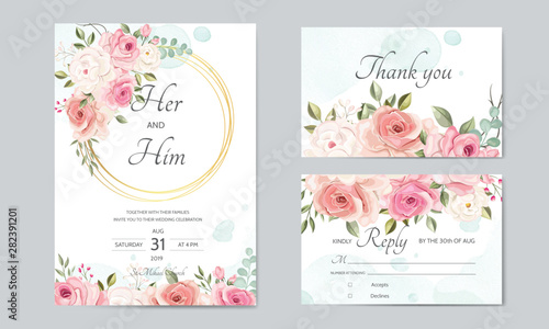 beautiful wedding invitation card template with floral leaves