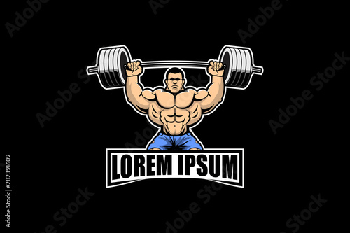 bodybuilder man character with barbell weightlifting vector badge logo template