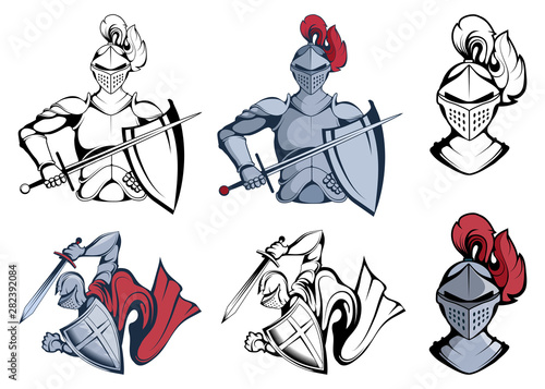 Knight Warriors in different poses. Warrior with a traditional Weapon. Knight Warrior in Combat Helmet. Knight Warrior with a Sword in his hand. Team Mascot. Vector Graphic to Design