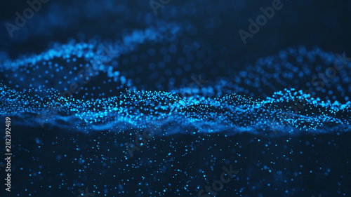 Abstract background of shining particles, digital wave, sparkling blue particles. Beautiful blue floating particles with shine light. 3D Rendering