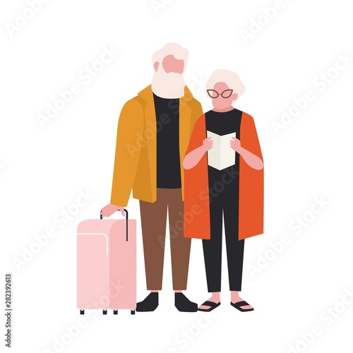 Elderly couple with suitcase isolated on white background. Pair of old man and woman travelling with luggage. Grandmother and grandfather in trip or journey. Flat cartoon colorful vector illustration.