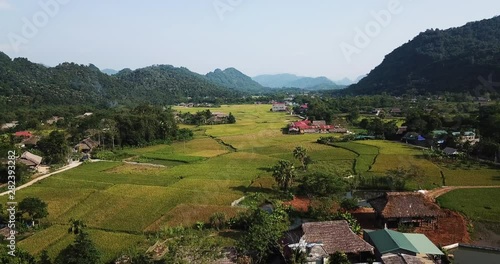 Wallpaper Mural Aerial View Of Rice Fields And Colorful Houses In Lam Thuong Valley, dolly in drone shot, Vetnamese rural landscape Torontodigital.ca