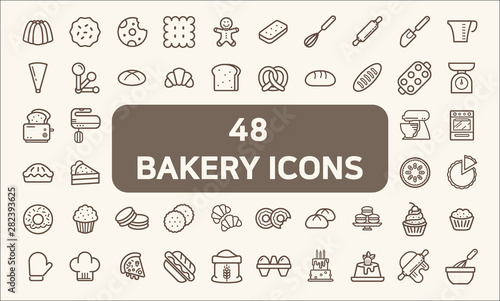 Set of 48 bakery and dessert Icons line style.  Contains such Icons as cookie, pudding, oven, kitchen tools, doughnut, bread, macaroon, muffin And Other Elements.  customize color, easy resize.