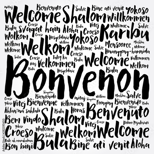 Bonvenon (Welcome in Esperanto) word cloud in different languages photo