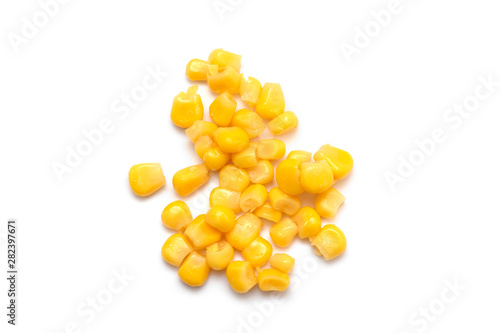 Boiled canned corn, corn kernels isolated on white background - top view