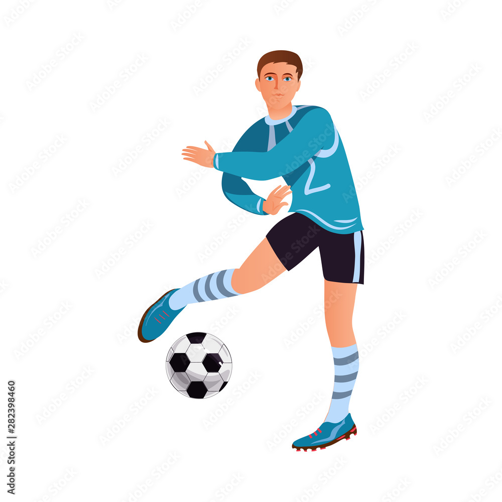 Modern soccer player in blue uniform is dancing with ball