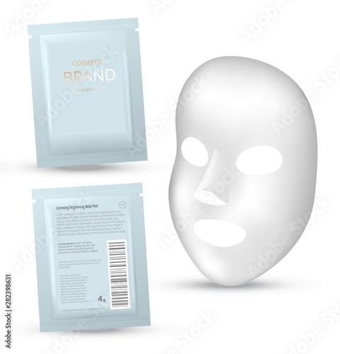 Facial Mask Cosmetics Packaging. Package design for face mask on white background. Cosmetics sachet.