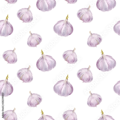Food watercolor seamless pattern. Pink garlic