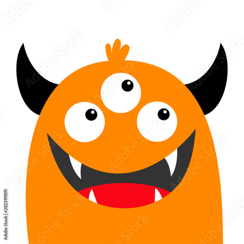 Monster head face orange silhouette. Three eyes, teeth fang smile, horns. Cute kawaii cartoon funny character. Happy Halloween. Baby kids collection. Flat design. White background. Isolated. © worldofvector