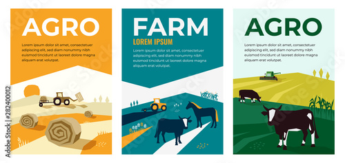 Set of vectors with agriculture, farming, livestock, harvest. Illustrations of a tractor, hayfield, haystack rolls, farm animals, cows in pasture, combine harvester. Template for banner,poster, prints