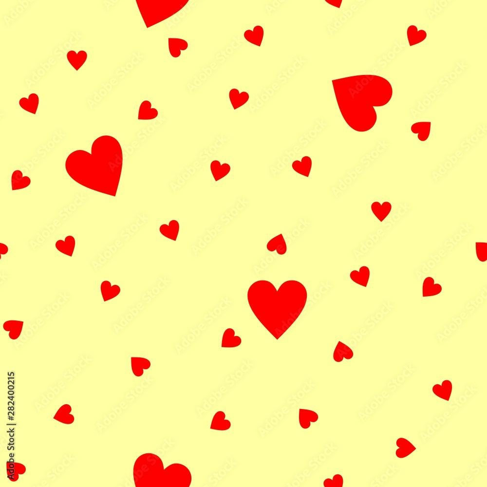 Seamless pattern with red hearts on yellow background. Vector design.