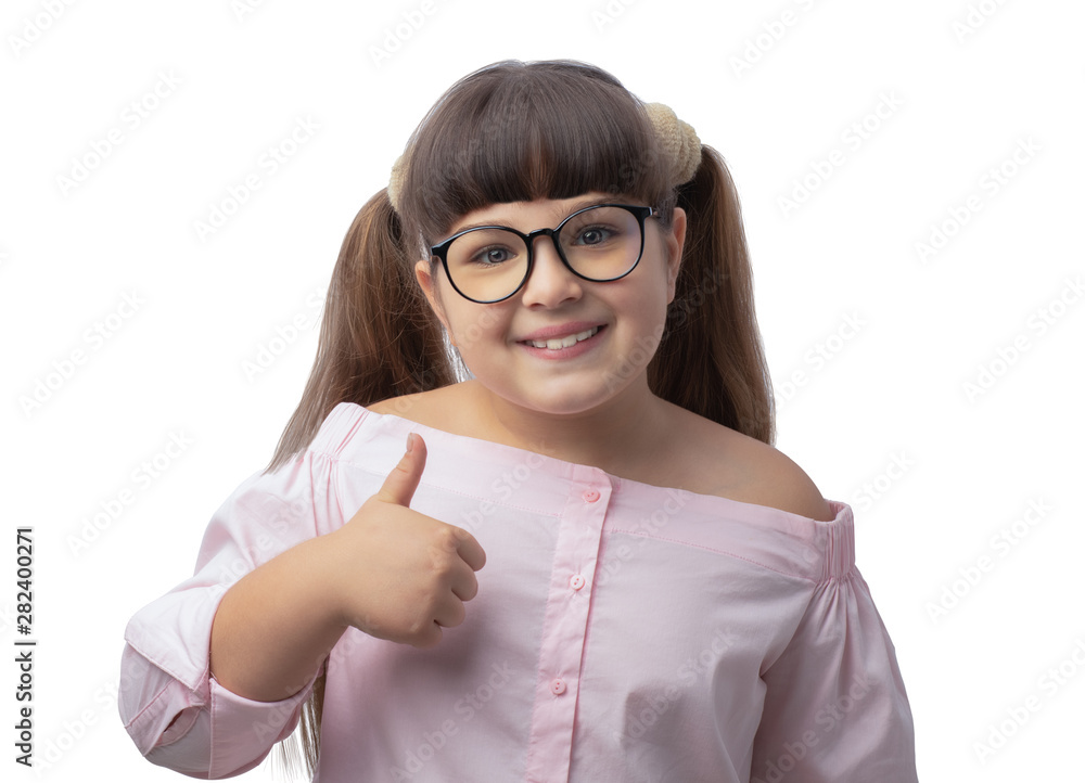 girl with glasses shows class. student pink shirt