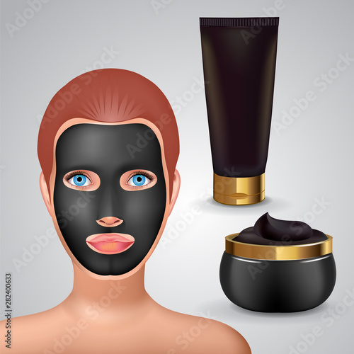 Beauty fashion girl apply facial charcoal black mask. Facial Mask Cosmetics Packaging. Package design for face mask. Cosmetics tube and jar with charcoal creme.