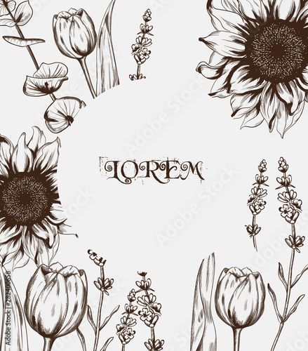Summer tulips and sunflowers card line art Vector. Hand drawn decor texture v...