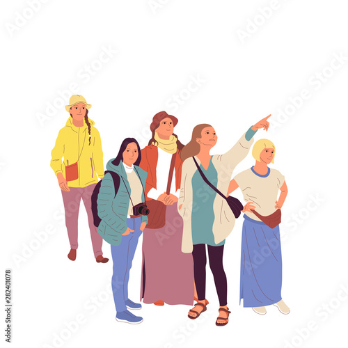 Guide is showing around to group of female tourists. Isolated on white background. Flat style cartoon stock vector