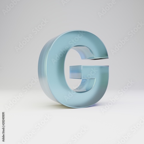 Ice 3d letter G uppercase. Transparent ice font with glossy reflections and shadow isolated on white background.