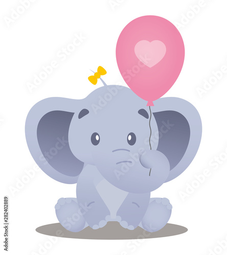 Vector colored line sitting baby elephant holding inflatable balloon with heart. Isolated on white background