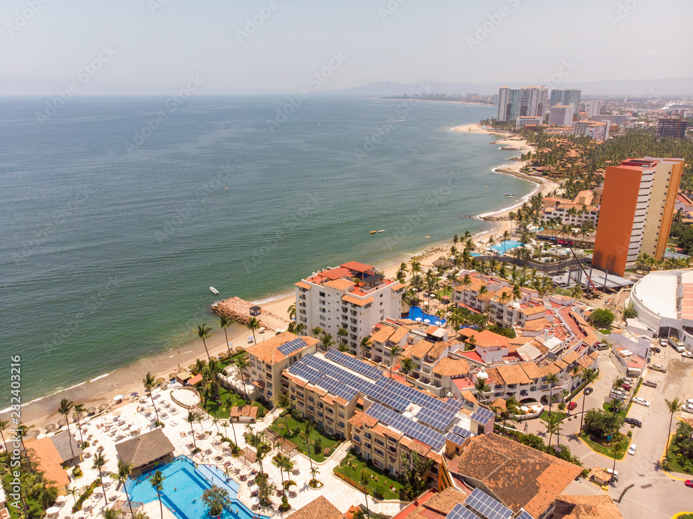 Aerial photos of the beautiful beach and hotels of Puerto Vallarta in Mexico, the town is on the Pacific coast in the state known as Jalisco