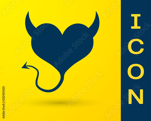 Blue Devil heart with horns and a tail icon isolated on yellow background. Valentines Day symbol. Vector Illustration photo