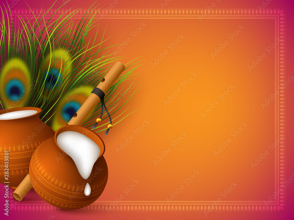 Happy Krishna Janmashtami background with pots, bansuri and peacock  feathers. Copy space. Religious Hindu festival vector illustration of Lord  Krishna. Stock Vector | Adobe Stock