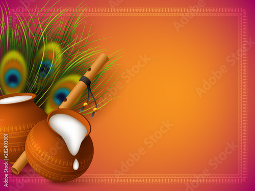 Happy Krishna Janmashtami background with pots, bansuri and peacock feathers. Copy space. Religious Hindu festival vector illustration of Lord Krishna.