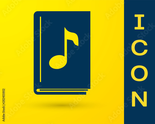 Blue Audio book icon isolated on yellow background. Musical note with book. Audio guide sign. Online learning concept. Vector Illustration